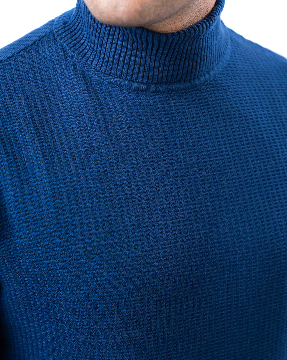 Men’s Indigo Waffle Knit Cotton High Neck Sweater