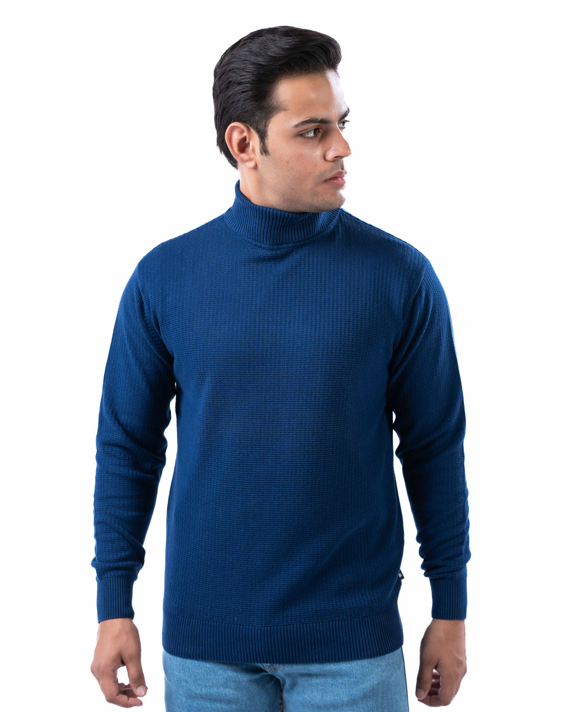 Men’s Indigo Waffle Knit Cotton High Neck Sweater