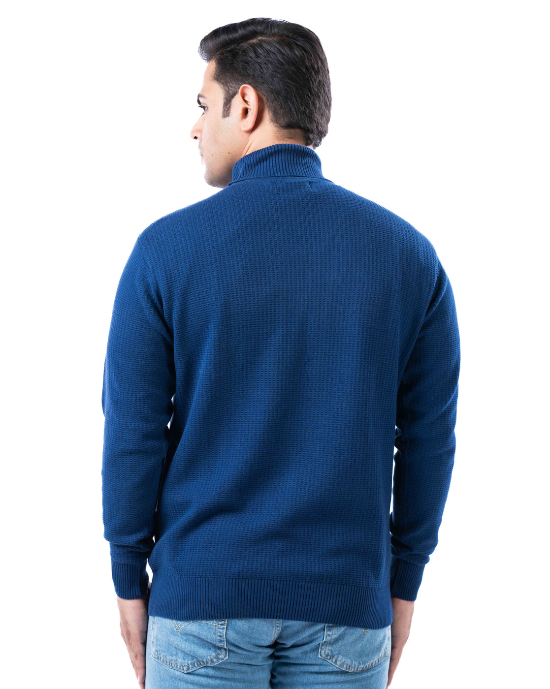 Men’s Indigo Waffle Knit Cotton High Neck Sweater