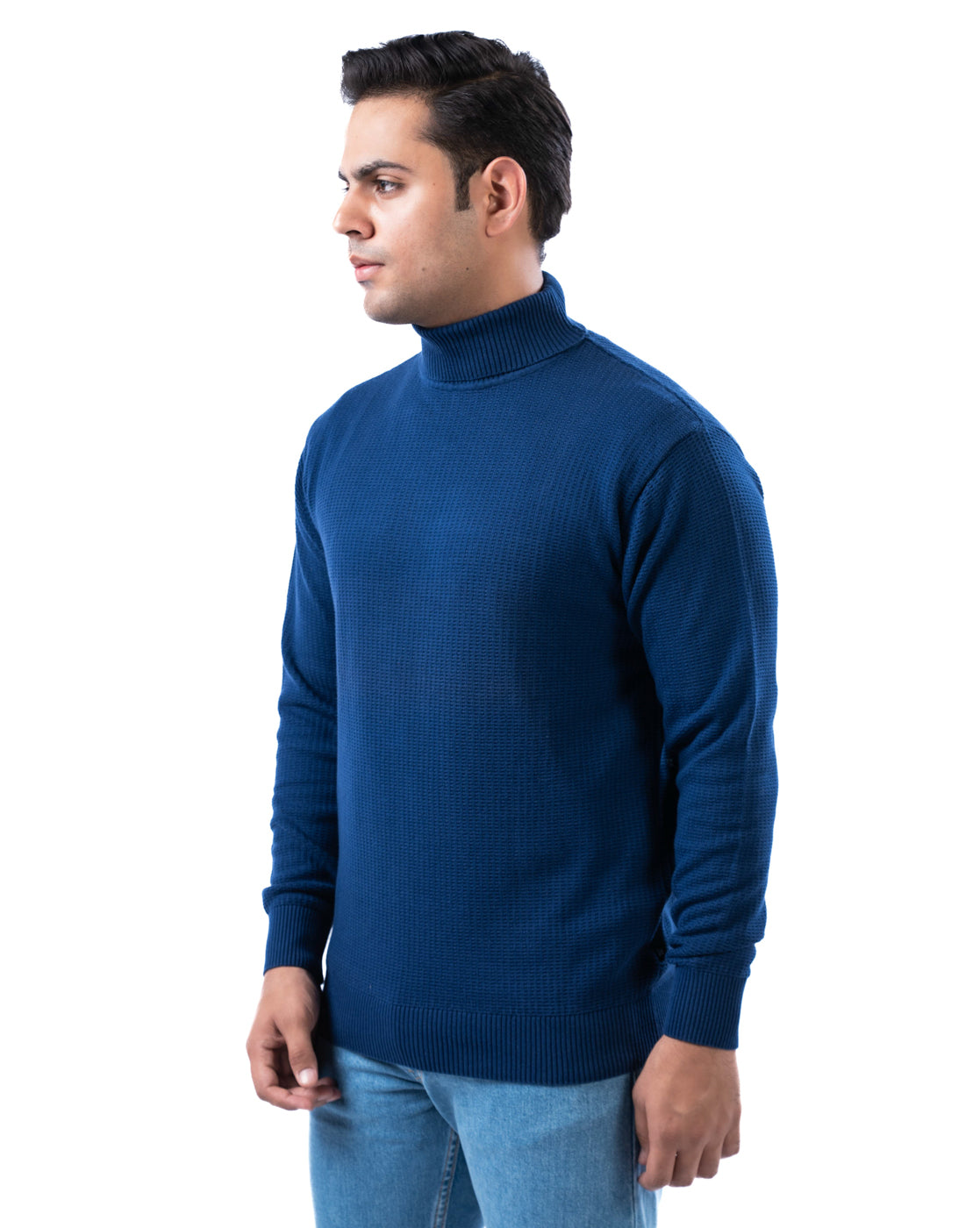 Men’s Indigo Waffle Knit Cotton High Neck Sweater