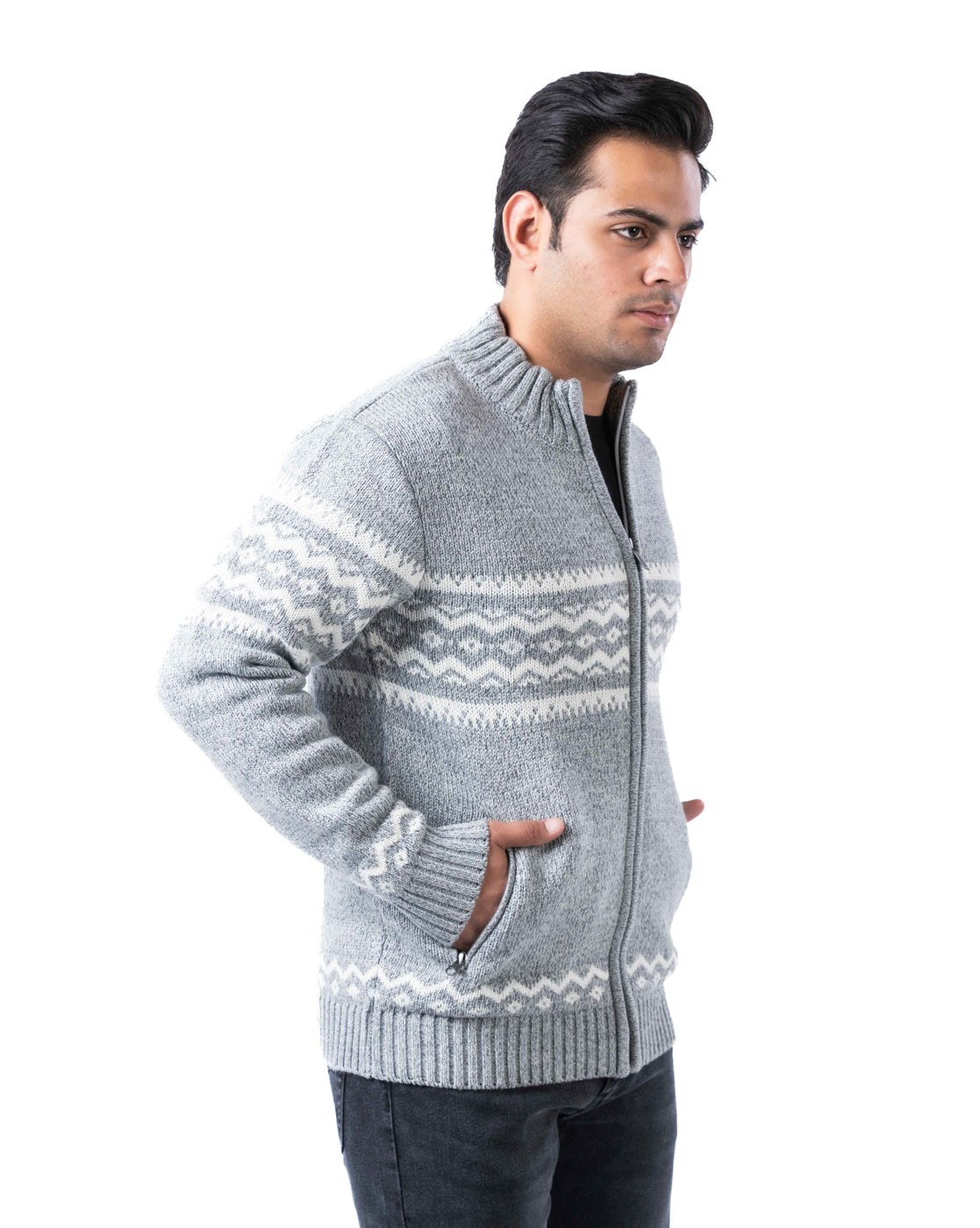 Men’s Light Grey Acrowool Zipper Cardigan with Pockets