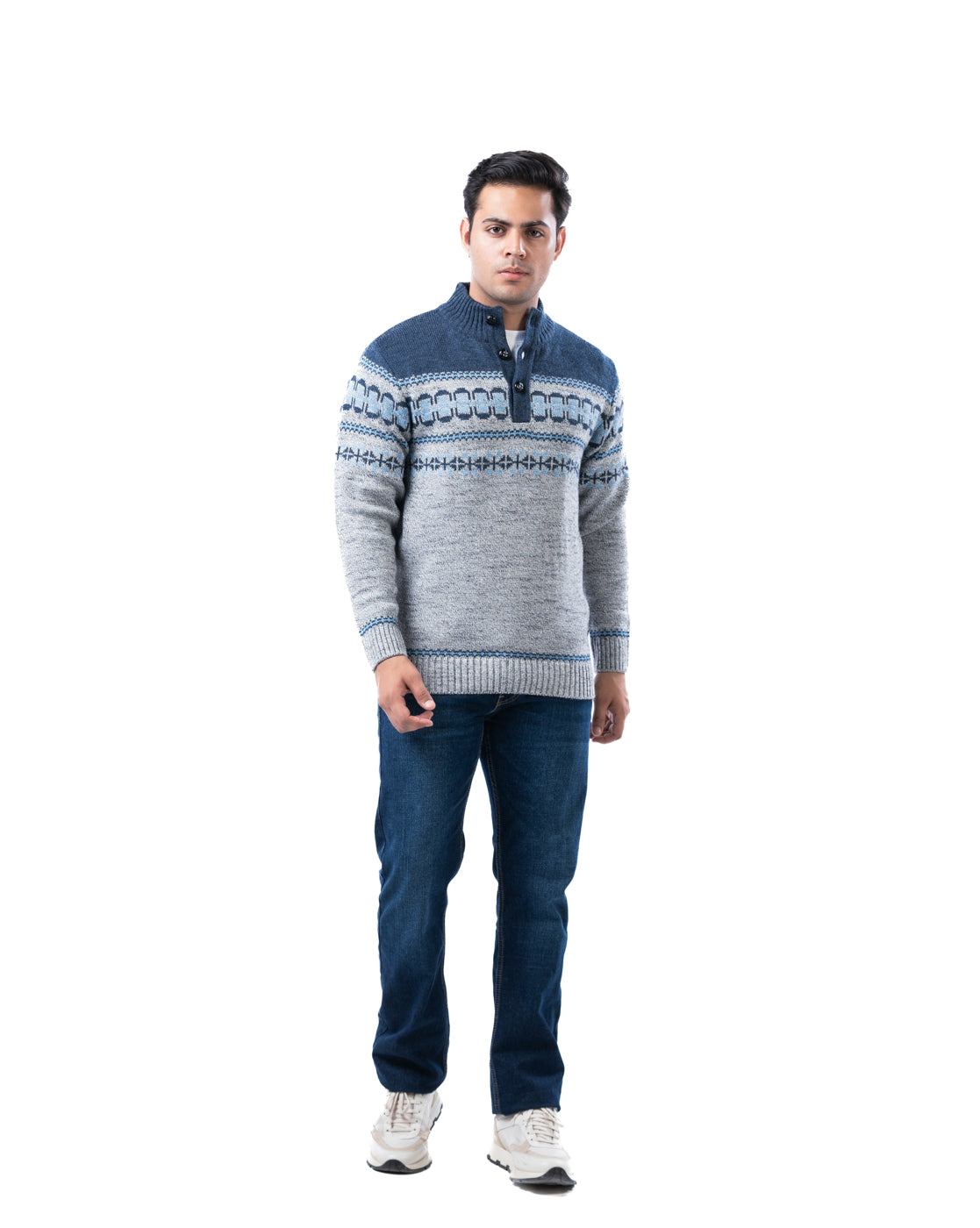 Men’s Light Grey Aztec Knit Collar Pullover with Half Placket and Football Buttons