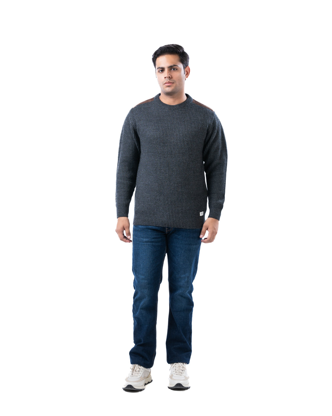 Men’s Light Grey Crew Neck Sweater with Suede Shoulder Patch
