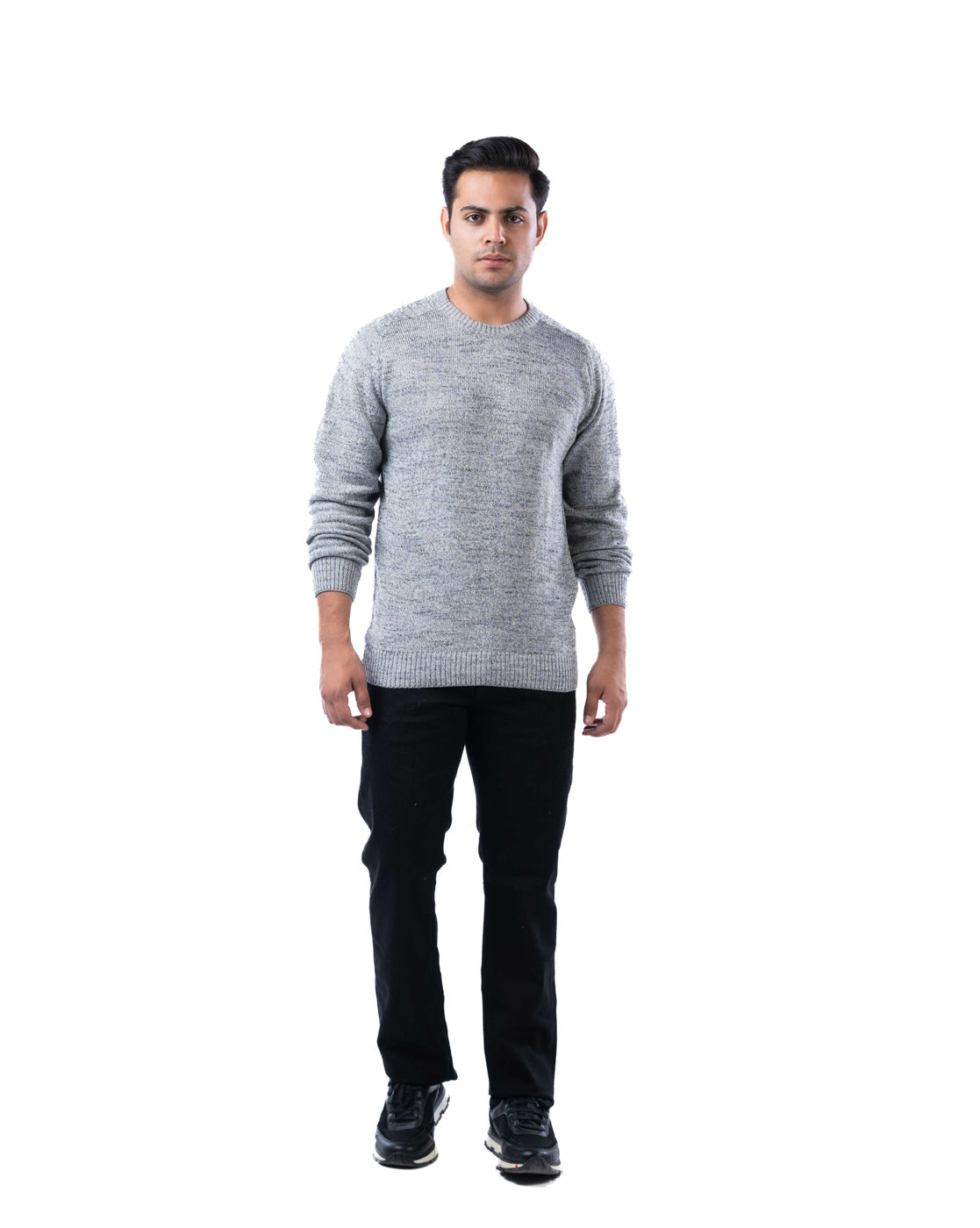 Men’s Light Grey Grindle Yarn Crew Neck Pullover with Elbow Patches