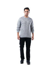 Men’s Light Grey Grindle Yarn Crew Neck Pullover with Elbow Patches