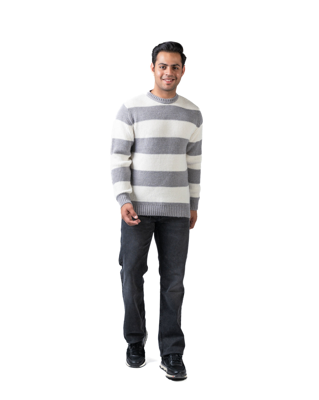 Men’s Light Grey Reversible Knit Pullover in Blended Yarn with Crew Neck and Side Loop Label