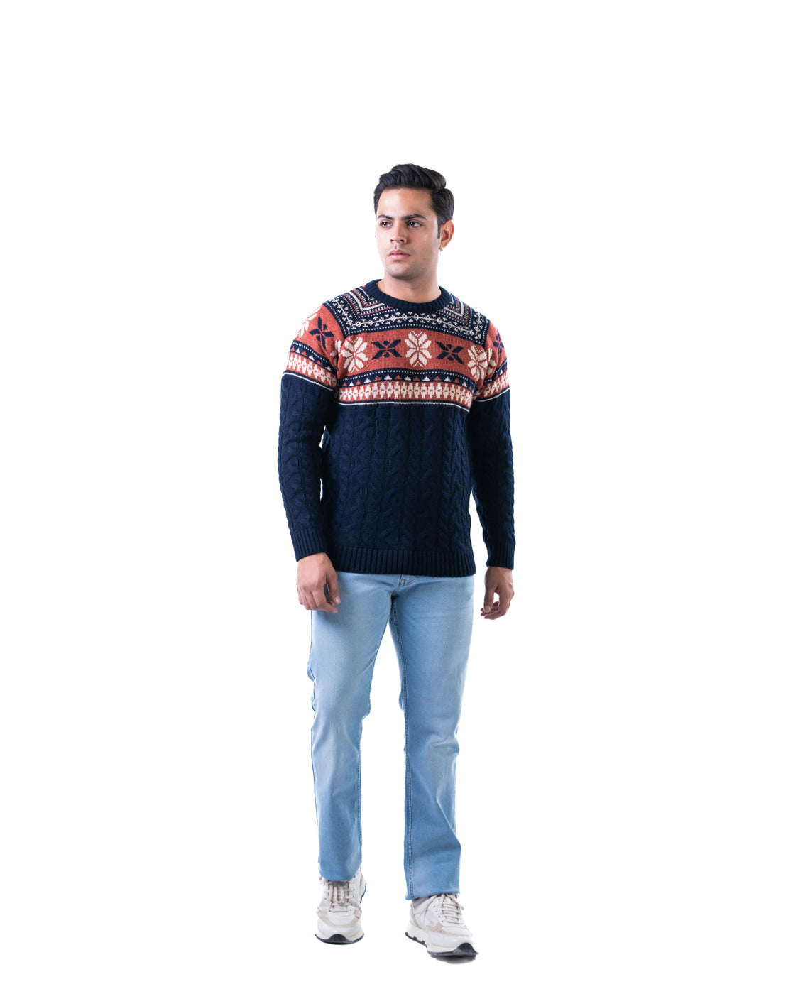 Men’s Navy Acrowool Aztec Crew Neck Pullover with Jacquard and Cable Knit Design