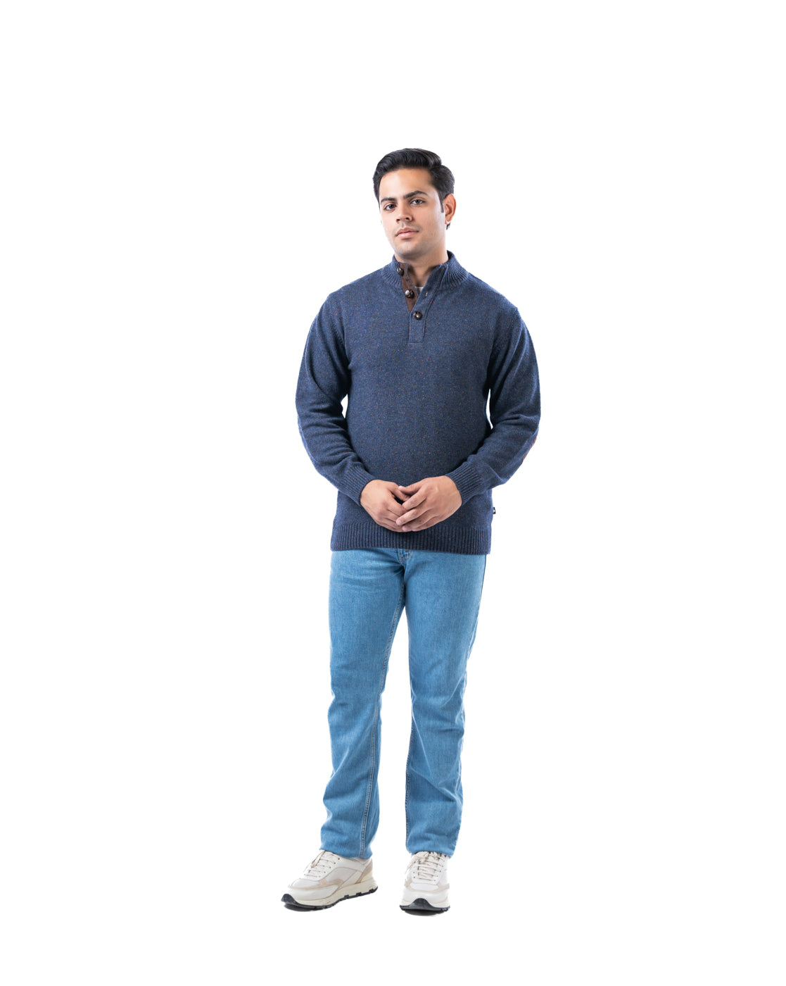 Men’s Navy Lambswool Pullover with Half Placket and Suede Elbow Patches