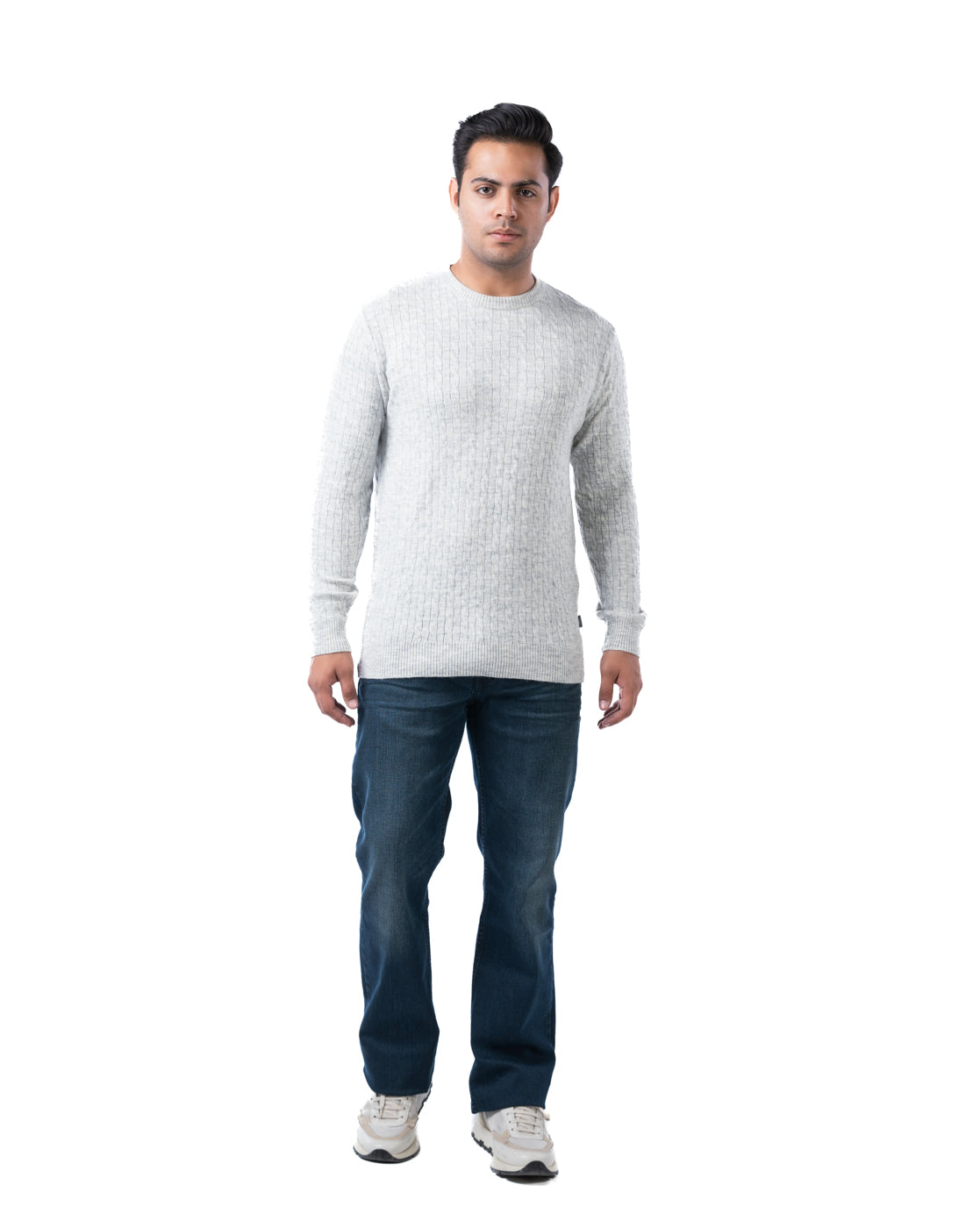 Men’s Off-White Cable Knit Pullover in Blended Yarn with Crew Neck and Side Loop Label