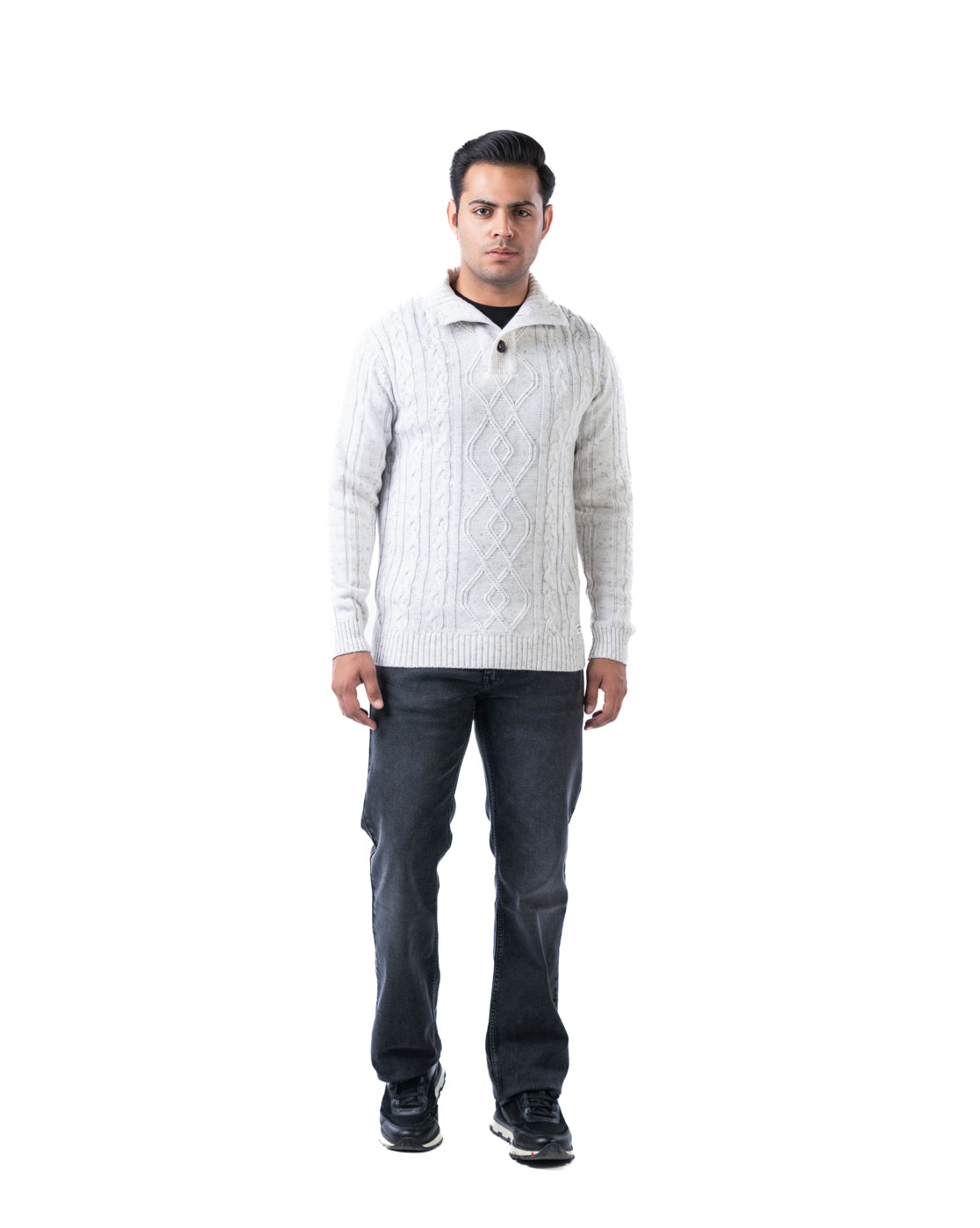 Men’s Off White Cable Knit Acrowool Pullover with High Neck