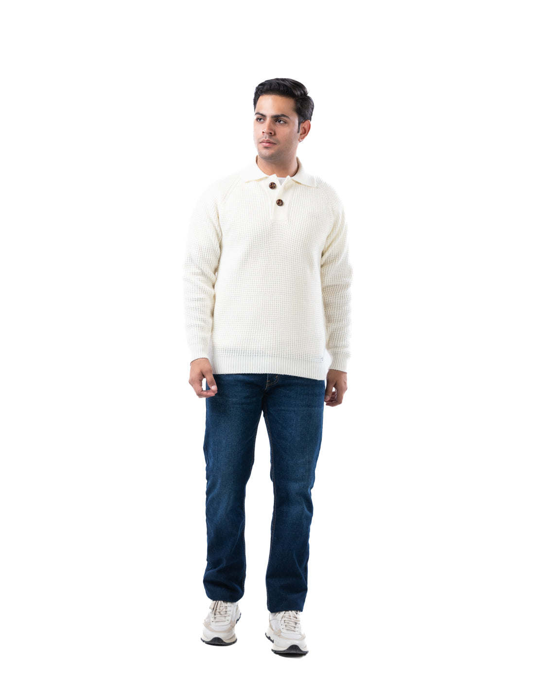 Men’s Off White Raglan Sleeve Pullover with Buttoned Collar