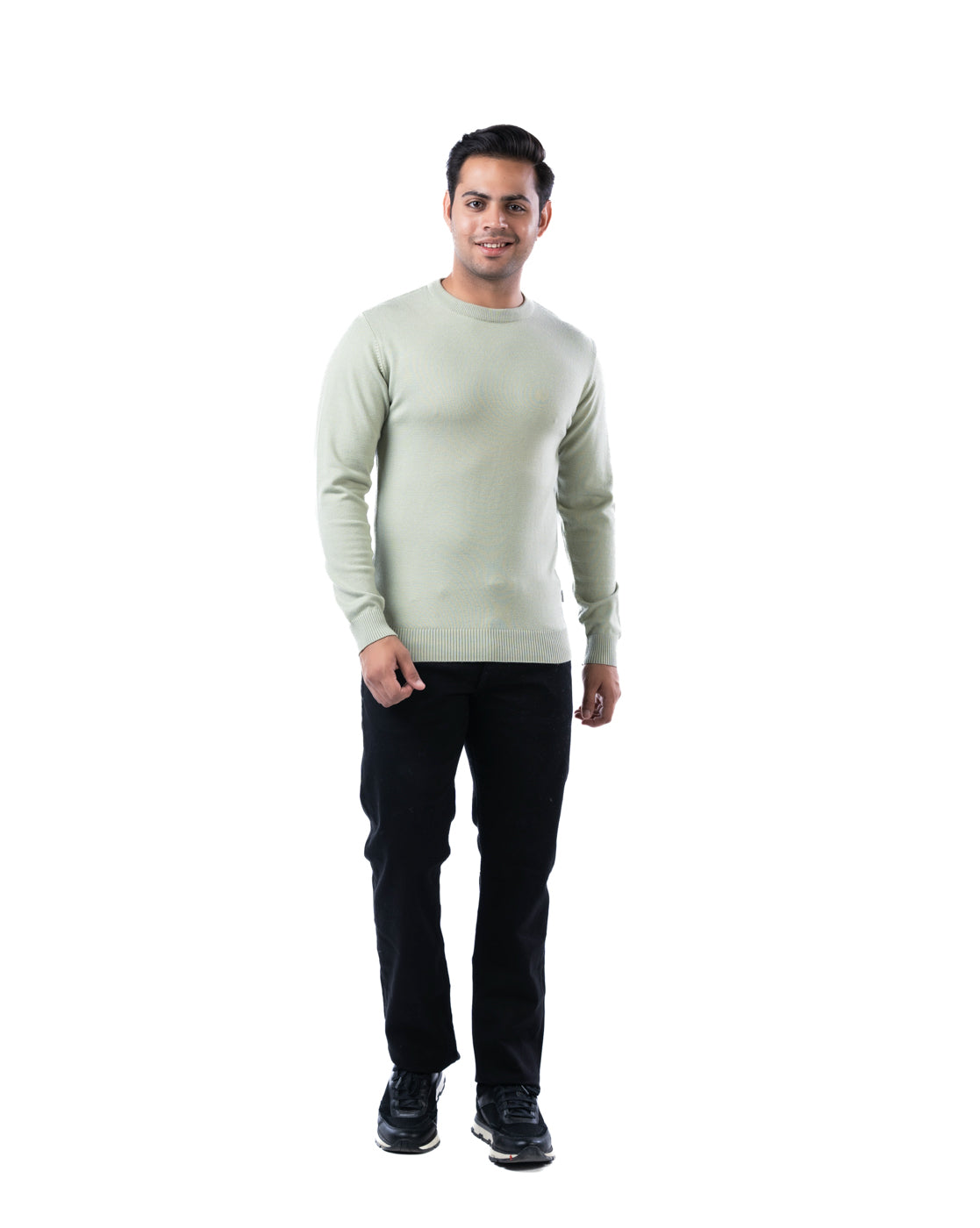 Men’s Olive Solid Viscose Blend Pullover with Crew Neck