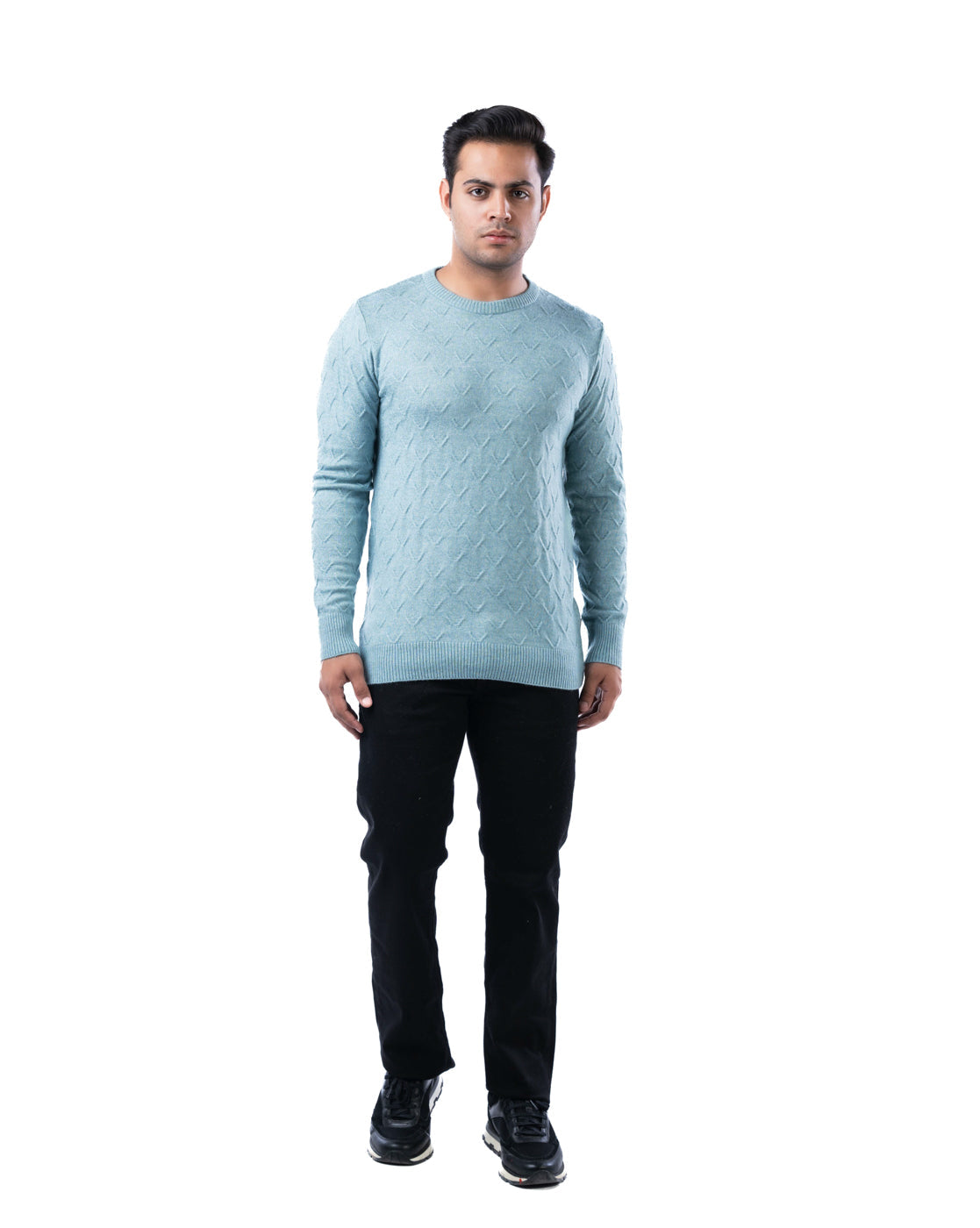 Men’s Sea Green Tuck Knit Pullover in Blended Yarn with Crew Neck and Side Loop Label