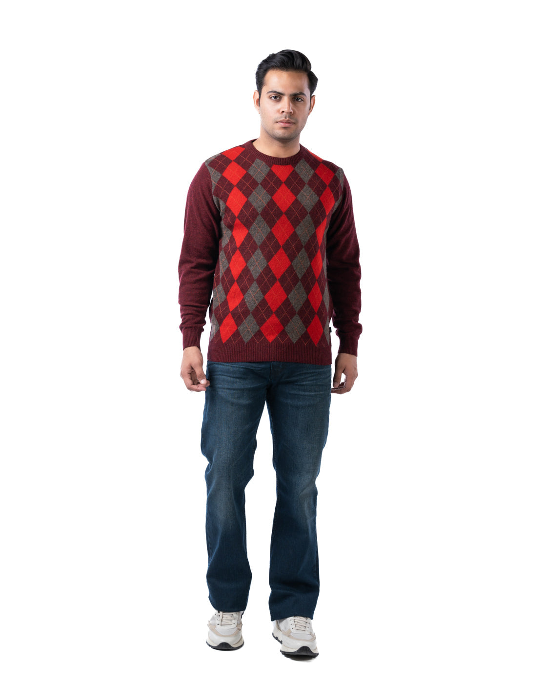 Men’s Wine Lambswool Multicolor Crew Neck Sweater with Suede Elbow Patches