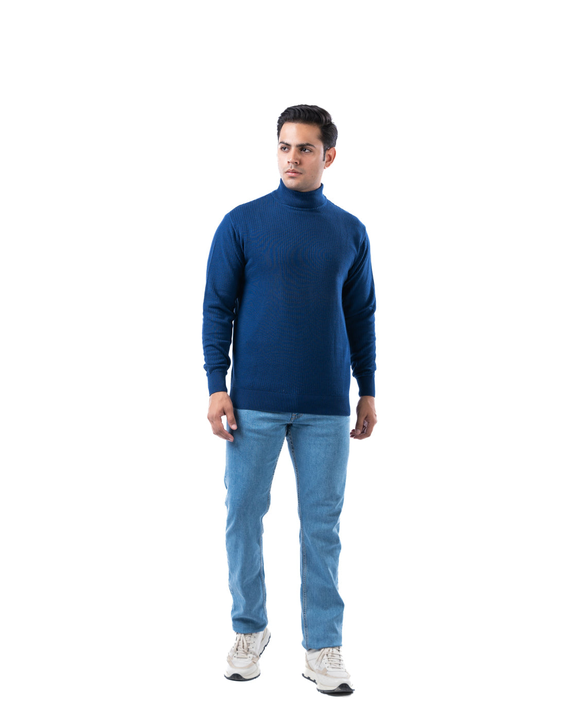 Men’s Indigo Waffle Knit Cotton High Neck Sweater